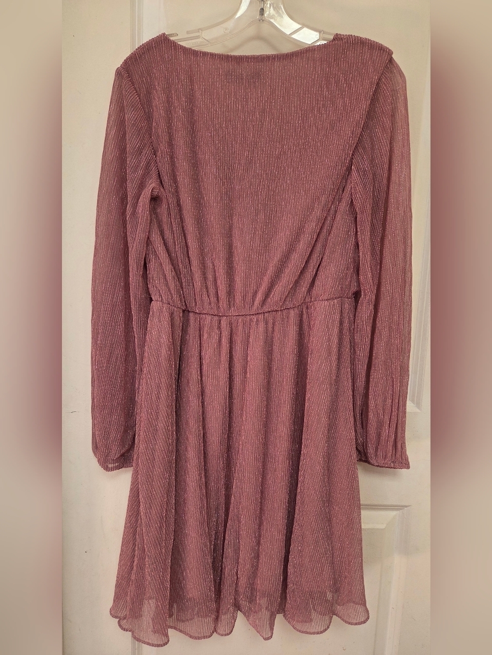 Dressy Star Lush Rose Pink Long Sleeve Shimmer Wrap Dress Sheer Sleeve Medium - Picture 2 of 5